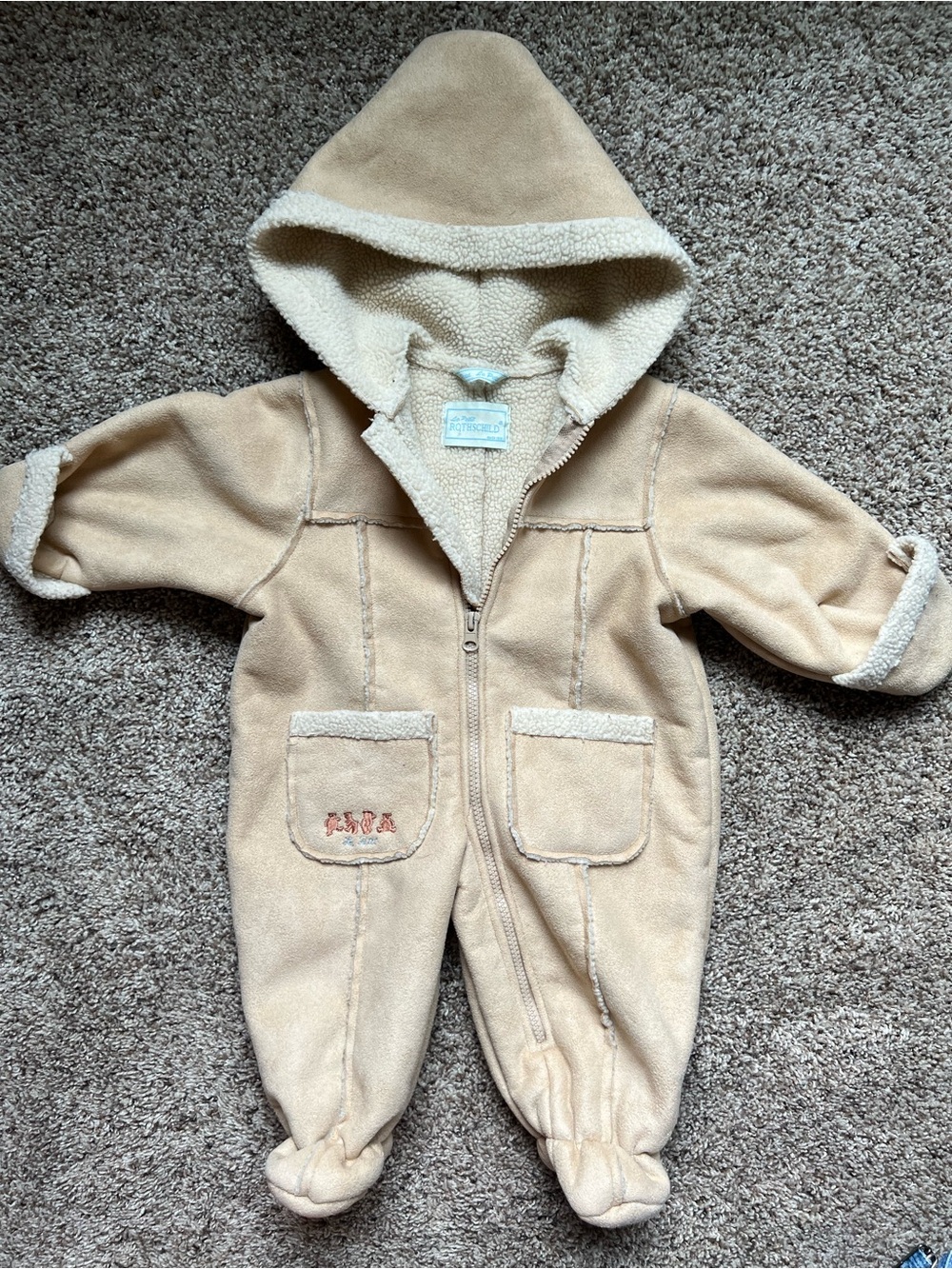 Le Petit Rothschild Vintage Baby Beige Sherpa Bunting Suit Winter Jacket 6/9 M